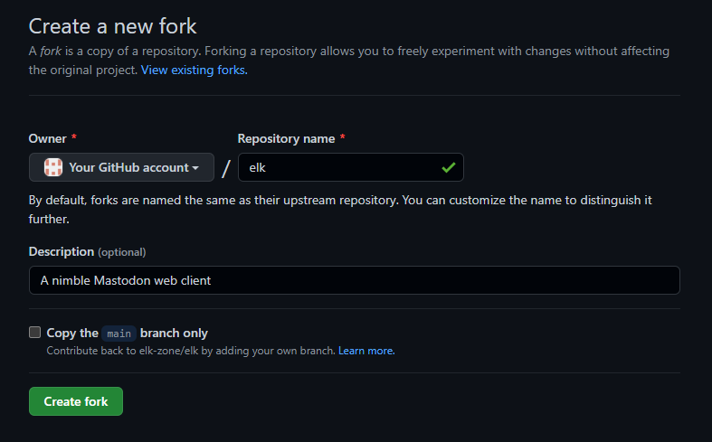 The settings to use for forking the Elk repository